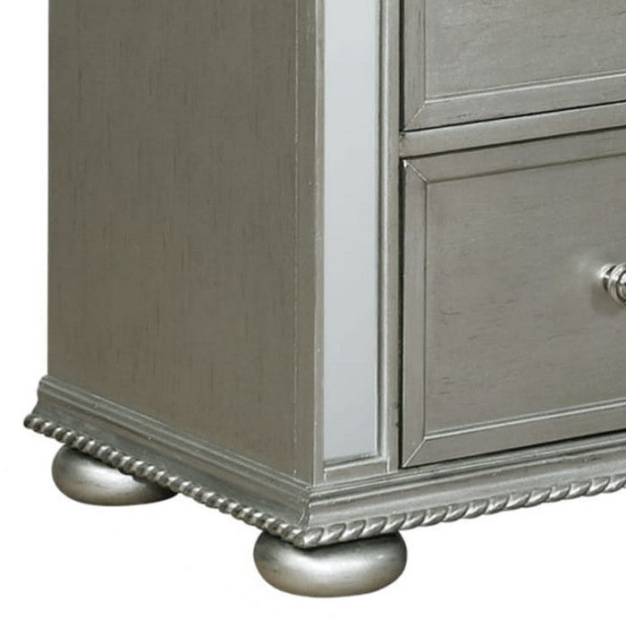 Wooden Chest with Mirror Accents and Five Spacious Drawer, Silver