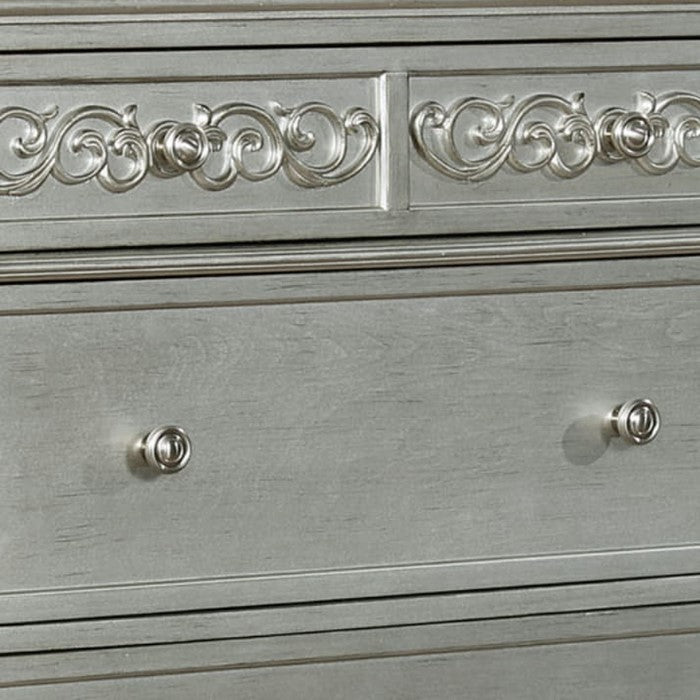 Wooden Chest with Mirror Accents and Five Spacious Drawer, Silver
