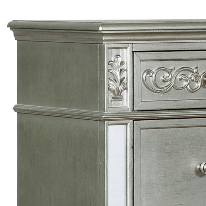 Wooden Chest with Mirror Accents and Five Spacious Drawer, Silver