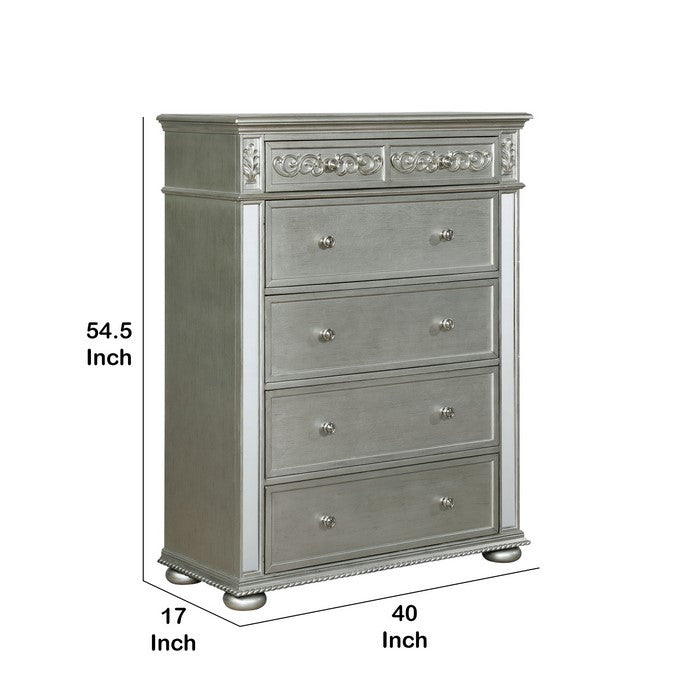 Wooden Chest with Mirror Accents and Five Spacious Drawer, Silver