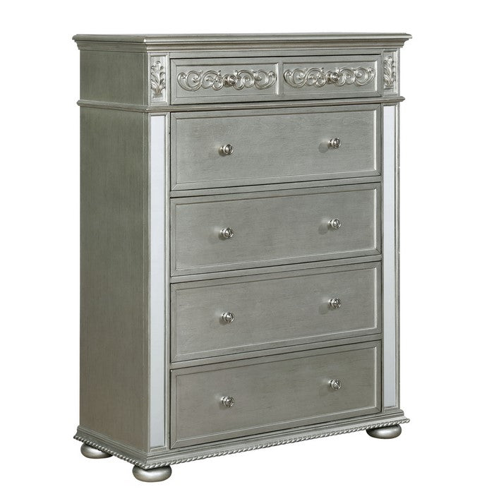 Wooden Chest with Mirror Accents and Five Spacious Drawer, Silver