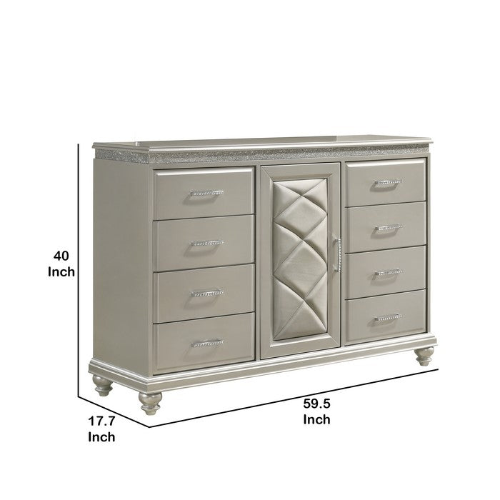 Wooden Dresser with Eight Spacious Drawers and One Door Shelf, Silver