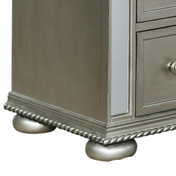Wooden Dresser with Nine Drawers and Mirror Accents, Silver
