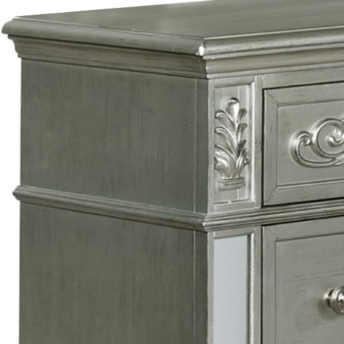 Wooden Dresser with Nine Drawers and Mirror Accents, Silver