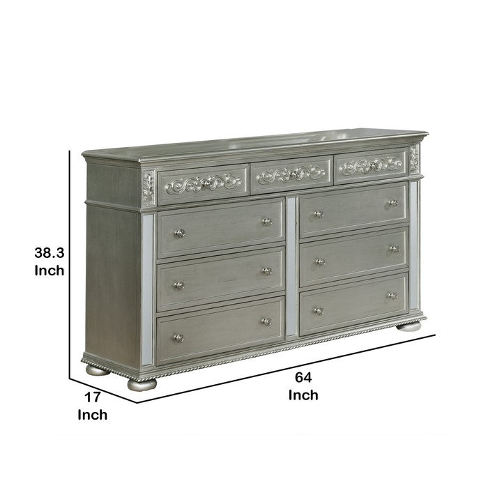 Wooden Dresser with Nine Drawers and Mirror Accents, Silver