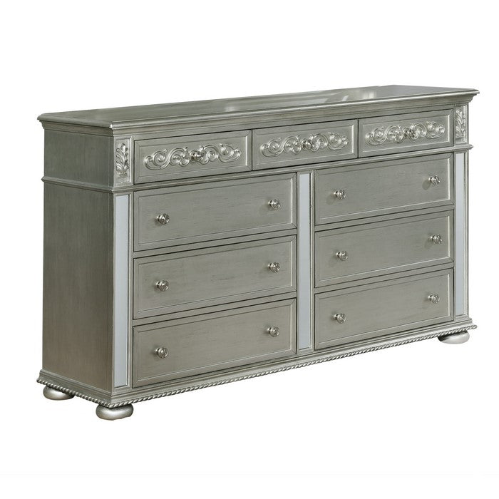 Wooden Dresser with Nine Drawers and Mirror Accents, Silver