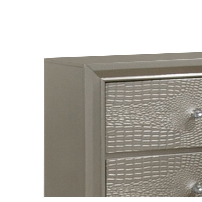 2 Drawer Wooden Nightstand with Textured Details and Crystal Pulls, Gold
