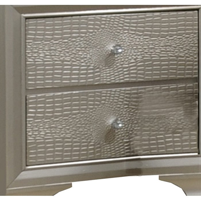 2 Drawer Wooden Nightstand with Textured Details and Crystal Pulls, Gold