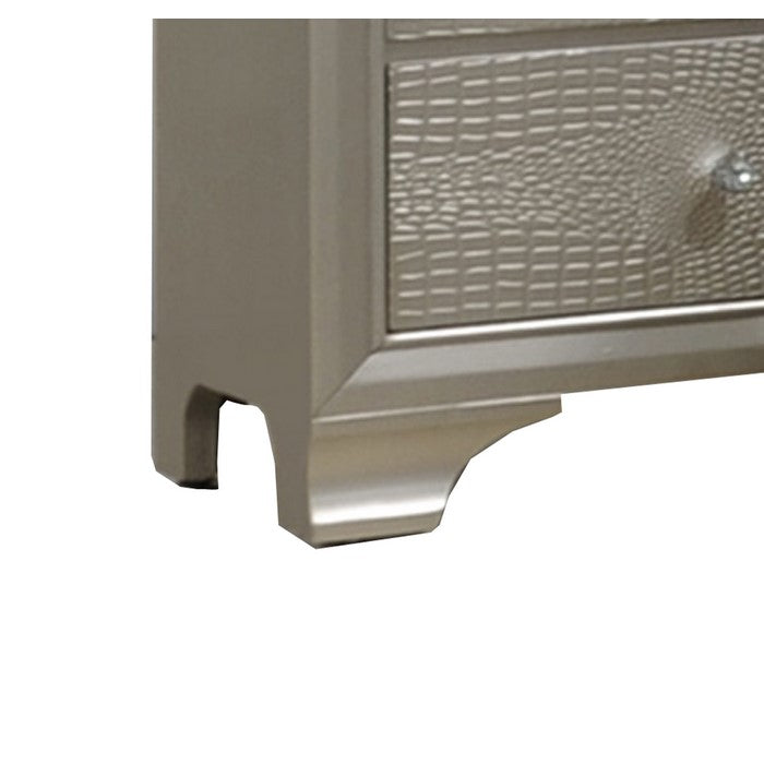 2 Drawer Wooden Nightstand with Textured Details and Crystal Pulls, Gold
