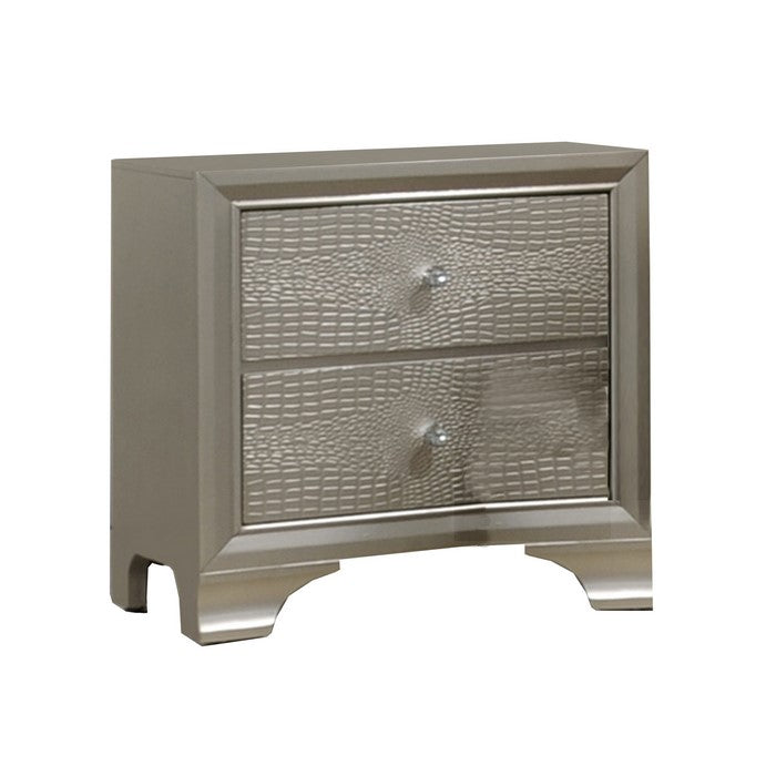 2 Drawer Wooden Nightstand with Textured Details and Crystal Pulls, Gold