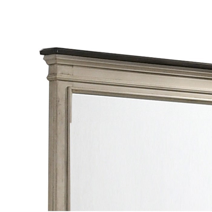 Rectangular Dresser Top Beveled Mirror with Wooden Frame, Beige and Silver
