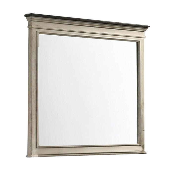 Rectangular Dresser Top Beveled Mirror with Wooden Frame, Beige and Silver
