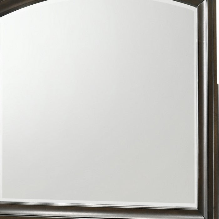 Curved Top Dresser Beveled Mirror with Wooden Frame, Brown and Silver