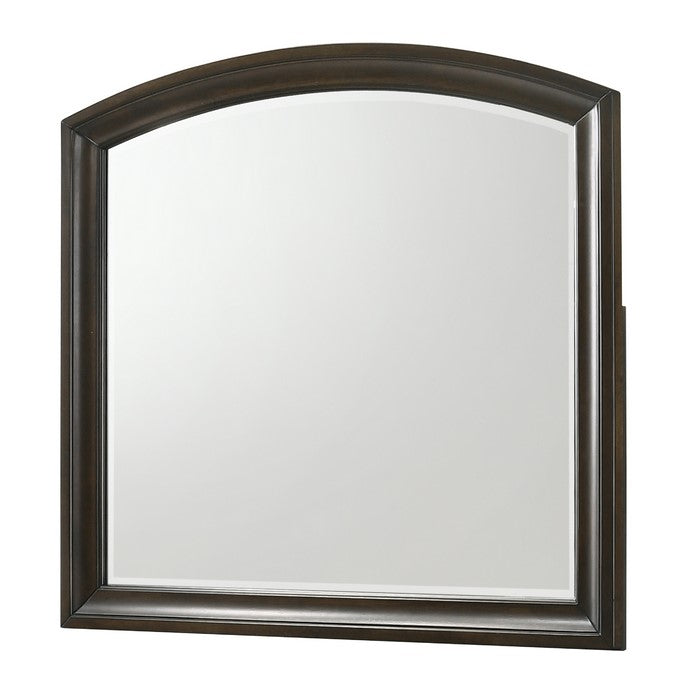Curved Top Dresser Beveled Mirror with Wooden Frame, Brown and Silver