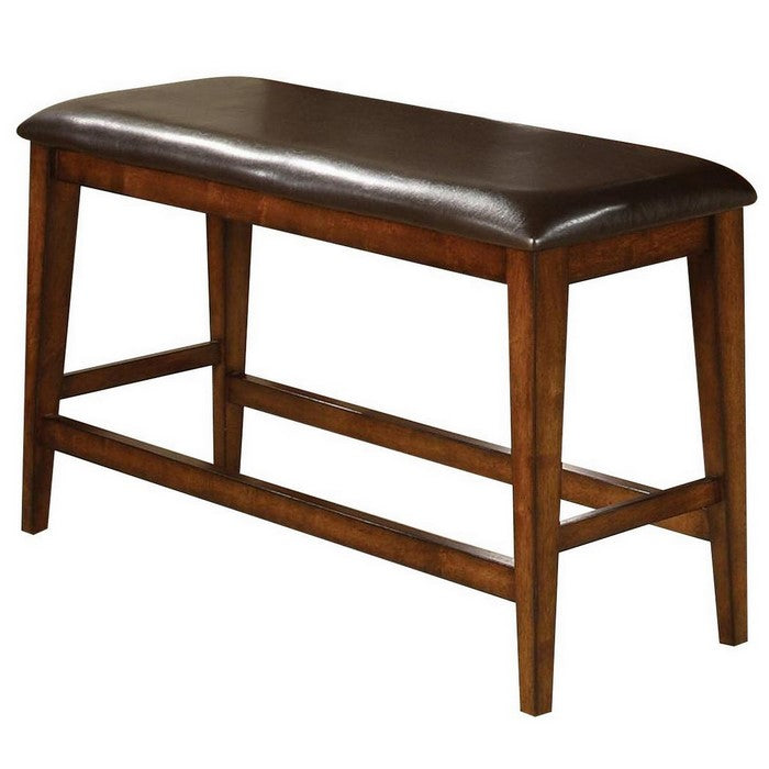 Wooden Counter Height Bench with Footrest and Leatherette Seat, Brown
