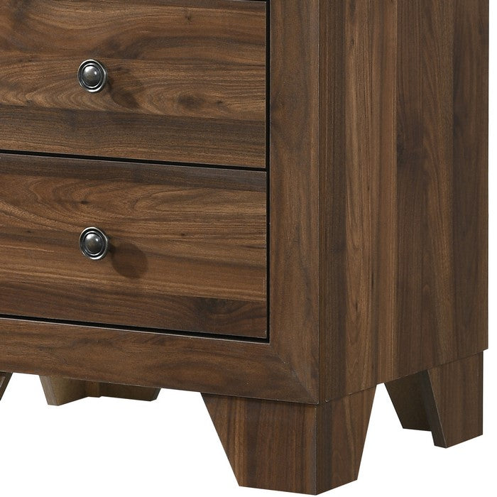 2 Drawer Wooden Nightstand with Grain Details and Metal Knobs, Brown