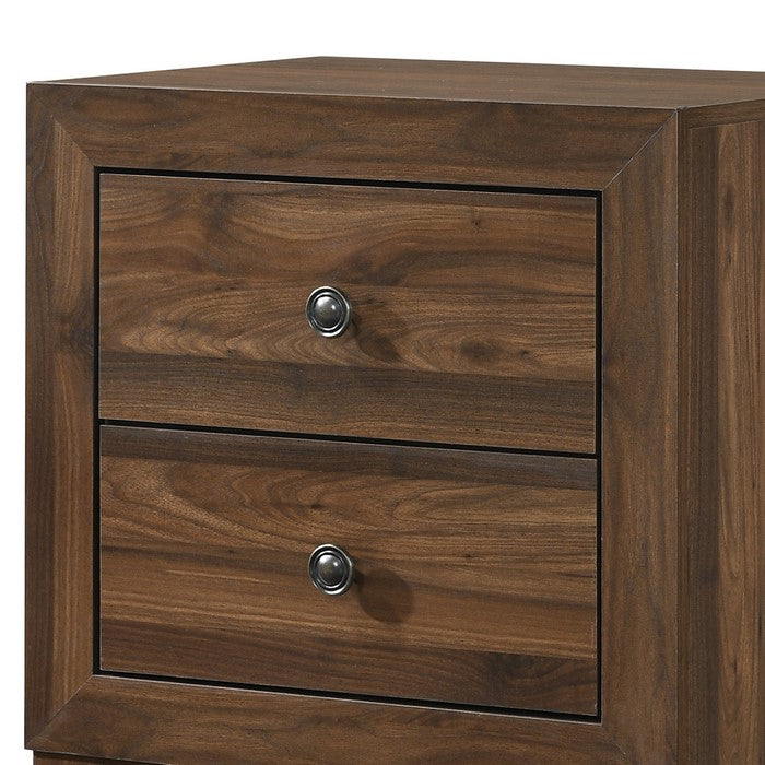 2 Drawer Wooden Nightstand with Grain Details and Metal Knobs, Brown
