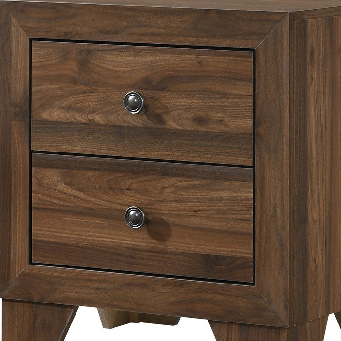 2 Drawer Wooden Nightstand with Grain Details and Metal Knobs, Brown