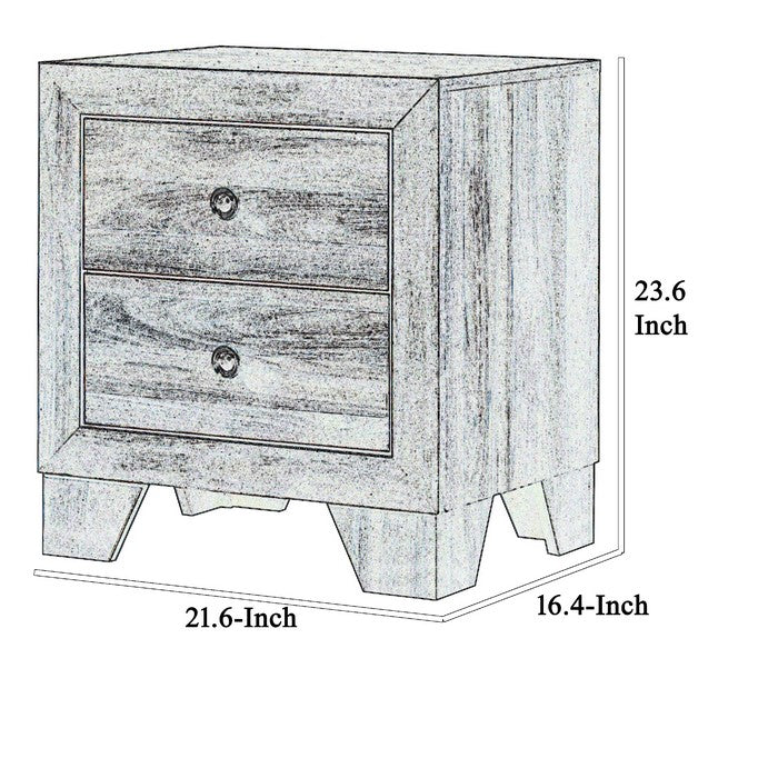 2 Drawer Wooden Nightstand with Grain Details and Metal Knobs, Brown