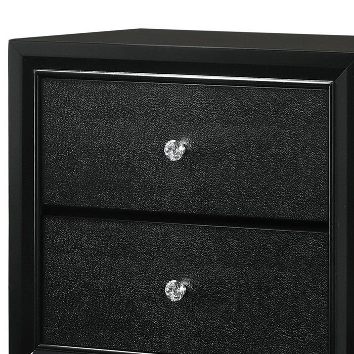 2 Drawer Wooden Nightstand with Textured Details and Crystal Pulls, Black - BM215425
