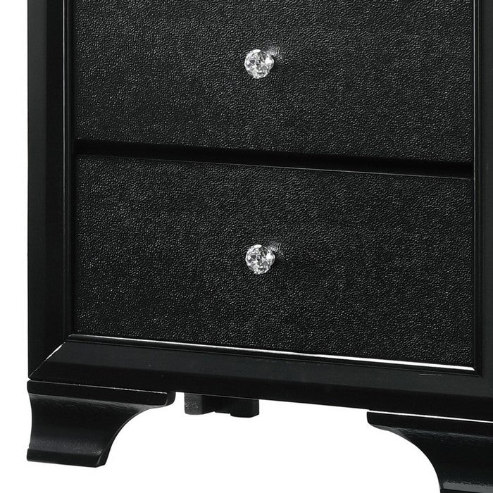 2 Drawer Wooden Nightstand with Textured Details and Crystal Pulls, Black - BM215425