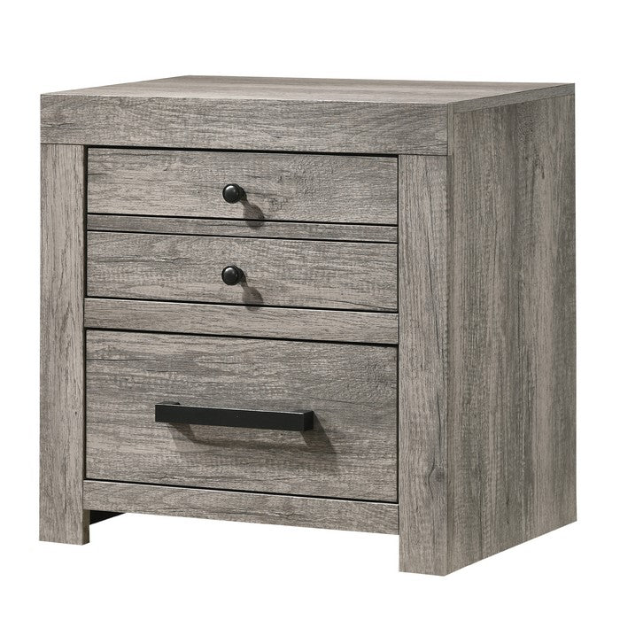 2 Drawer Wooden Nightstand with Metal Bar and Knob Pulls, Gray