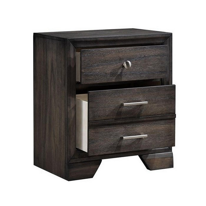 2 Drawer Wooden Nightstand with Metal Bar and Knob Pulls, Dark Brown