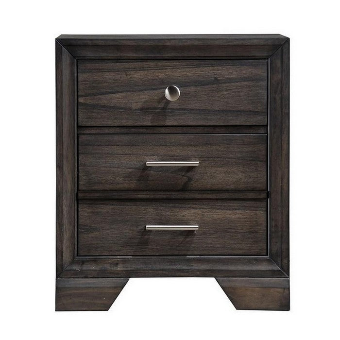 2 Drawer Wooden Nightstand with Metal Bar and Knob Pulls, Dark Brown