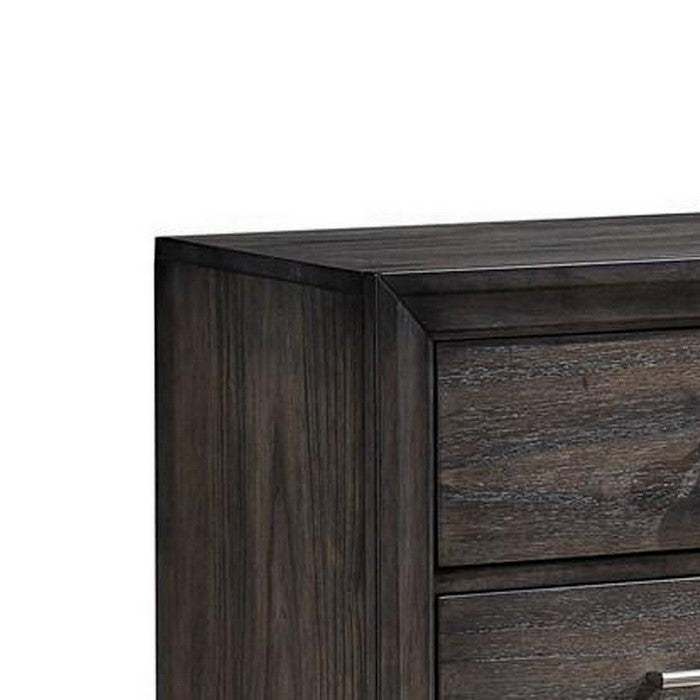 2 Drawer Wooden Nightstand with Metal Bar and Knob Pulls, Dark Brown