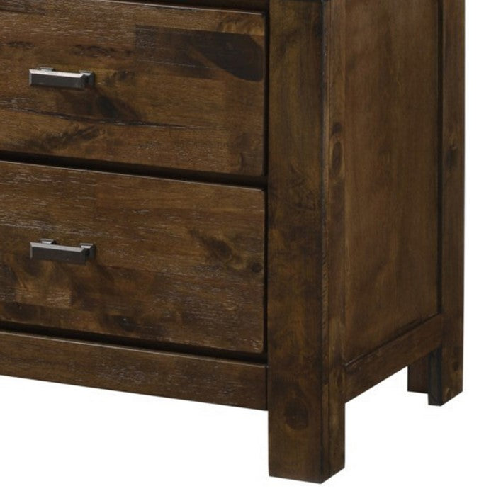 2 Drawer Wooden Nightstand with Metal Bars and Corner Brackets, Brown