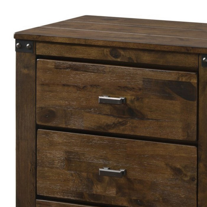 2 Drawer Wooden Nightstand with Metal Bars and Corner Brackets, Brown