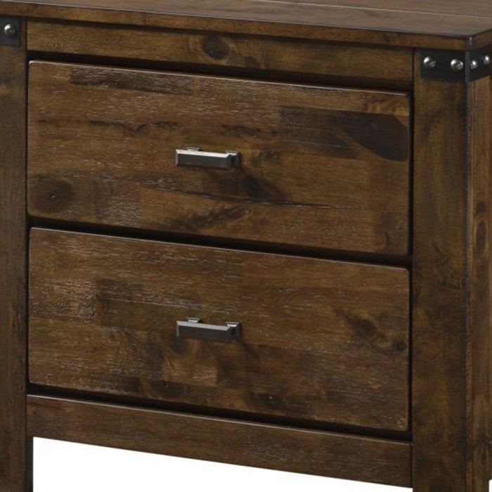 2 Drawer Wooden Nightstand with Metal Bars and Corner Brackets, Brown