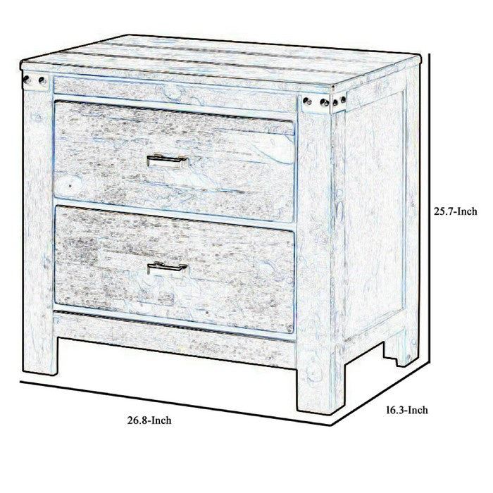 2 Drawer Wooden Nightstand with Metal Bars and Corner Brackets, Brown