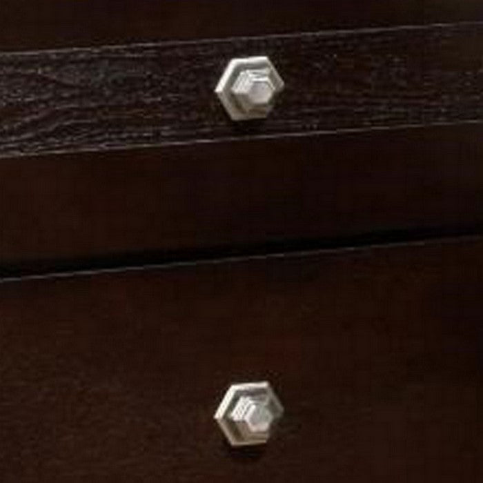 2 Drawer Wooden Nightstand with Hexagonal Knobs and Chamfered Feet, Brown
