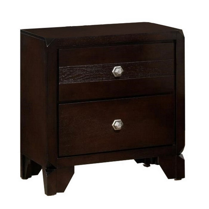 2 Drawer Wooden Nightstand with Hexagonal Knobs and Chamfered Feet, Brown