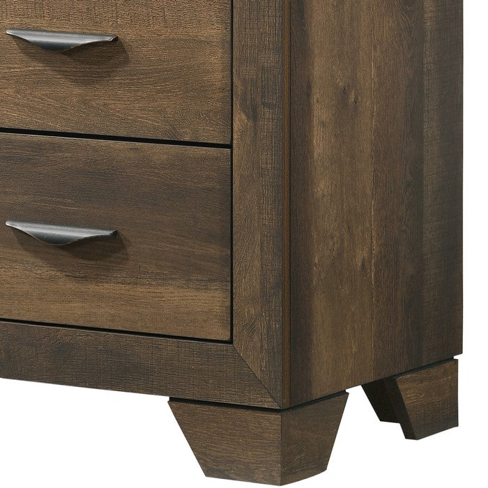 2 Drawer Wooden Nightstand with Metal Carved Pulls and Bracket Feet, Brown