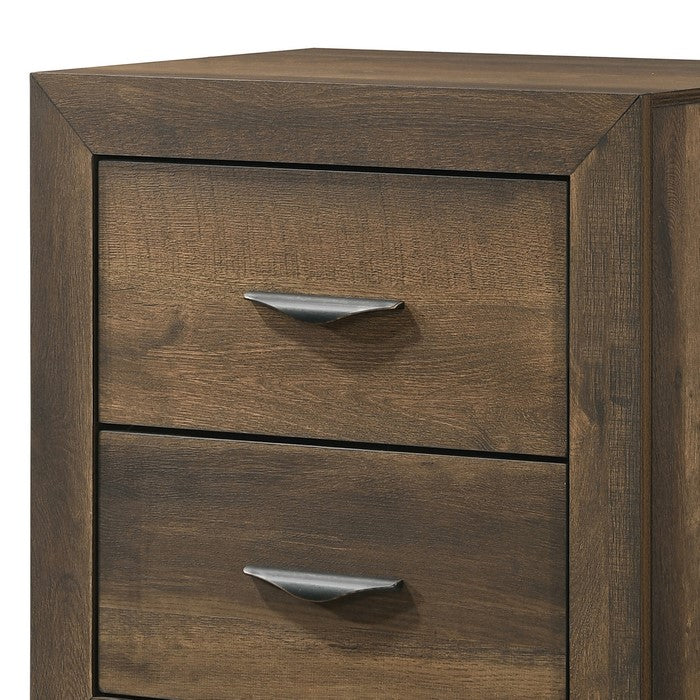 2 Drawer Wooden Nightstand with Metal Carved Pulls and Bracket Feet, Brown