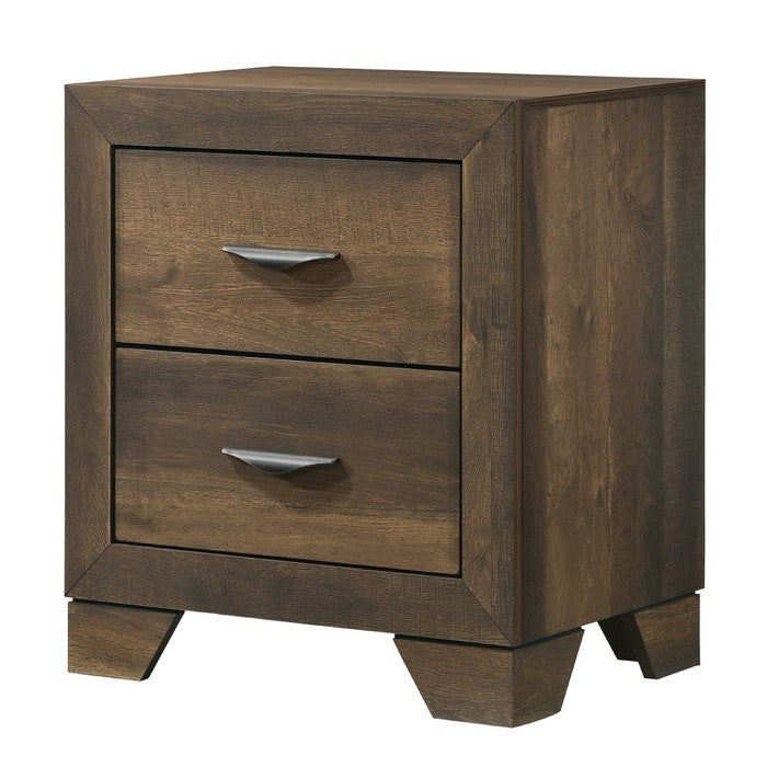 2 Drawer Wooden Nightstand with Metal Carved Pulls and Bracket Feet, Brown