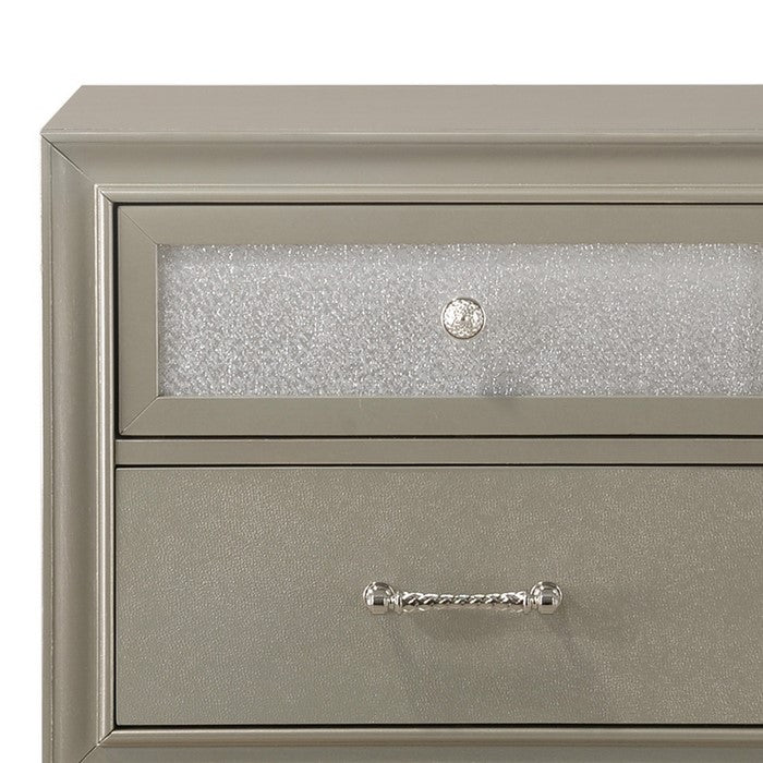 2 Drawer Wooden Nightstand with Metal Pulls and Faux Crystal Inlays, Gold - BM215434