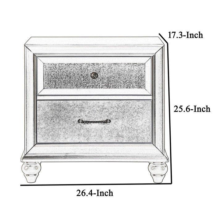 2 Drawer Wooden Nightstand with Metal Pulls and Faux Crystal Inlays, Gold - BM215434