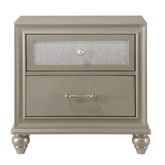 2 Drawer Wooden Nightstand with Metal Pulls and Faux Crystal Inlays, Gold - BM215434