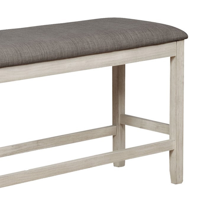 Counter Height Bench with Fabric Upholstered Seat, White and Gray