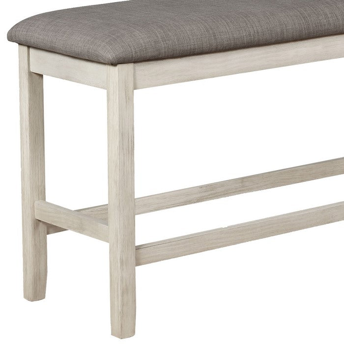 Counter Height Bench with Fabric Upholstered Seat, White and Gray