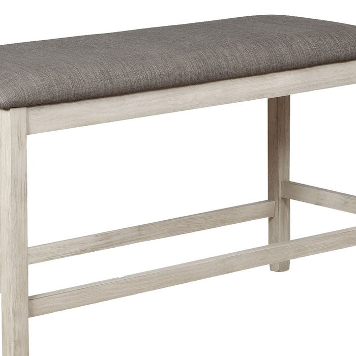 Counter Height Bench with Fabric Upholstered Seat, White and Gray