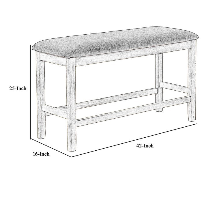 Counter Height Bench with Fabric Upholstered Seat, White and Gray