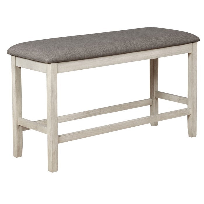 Counter Height Bench with Fabric Upholstered Seat, White and Gray