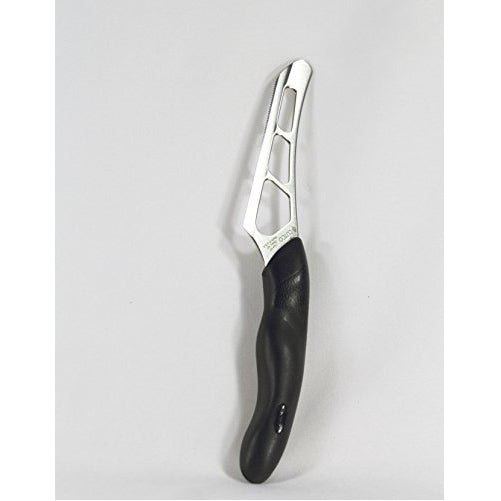 Model 1504 CUTCO Cheese Knife w/ 5.5" Micro-D serrated edge blade & 5" black Soft Comfort-grip handle. Holes on blade's surface helps cheese fall away during cutting.