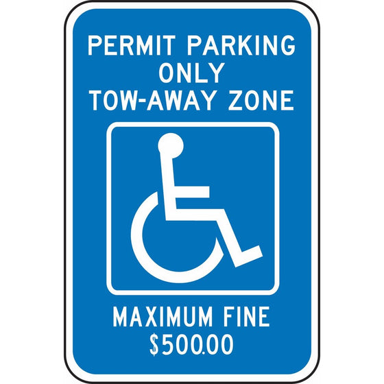 Accuform Signs FRA195RA Engineer-Grade Reflective Aluminum Handicapped Parking Sign (Georgia-Metro Atlanta), Legend "PERMIT PARKING ONLY TOW-AWAY ZONE MAXIMUM FINE $500.00" with Graphic, 18" Length x 12" Width x 0.080" Thickness, White on Blue