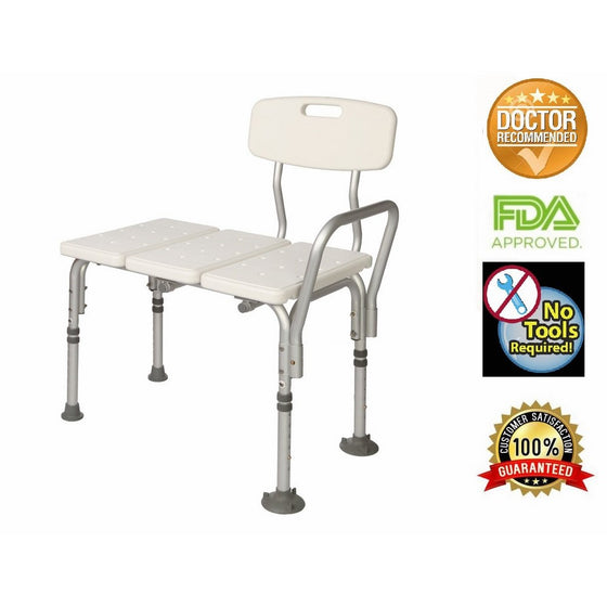 HEALTHLINE Tub Transfer Bench, Lightweight Medical Bath and Shower Chair with Back Non-Slip Seat, Bathtub Transfer Bench for Elderly and Disabled, Adjustable Height, White