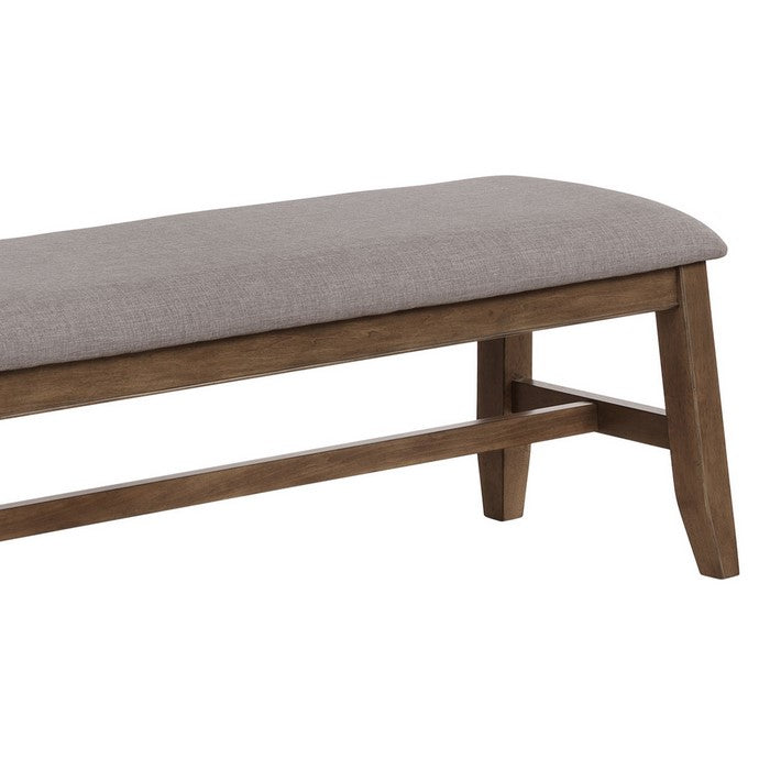 Wooden Bench with Fabric Upholstered Seat and Angled Legs, Brown and Gray